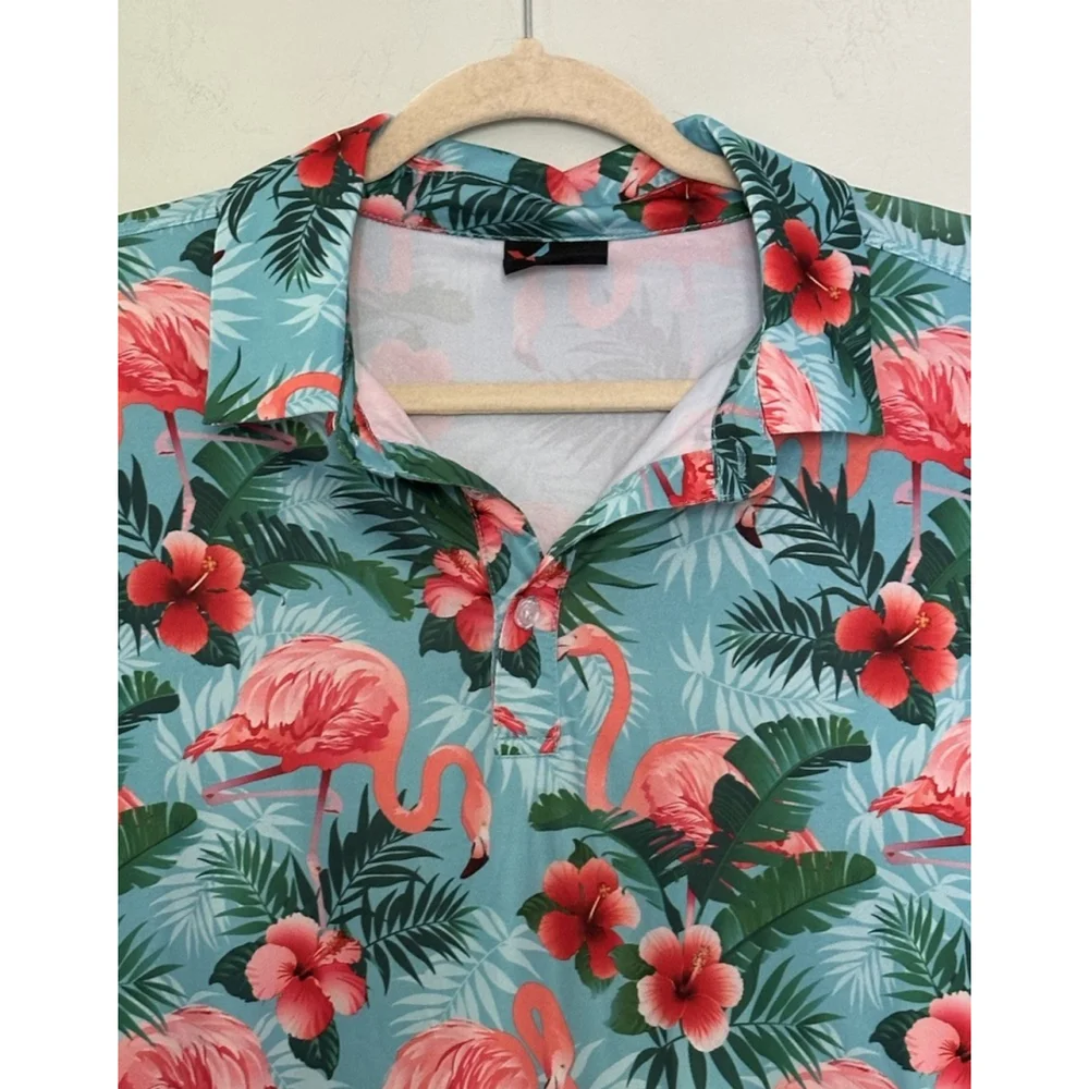 Yatta‎ Golf Pau Hana Polo Shirt Floral Flamingo Mens Medium Short Sleeve